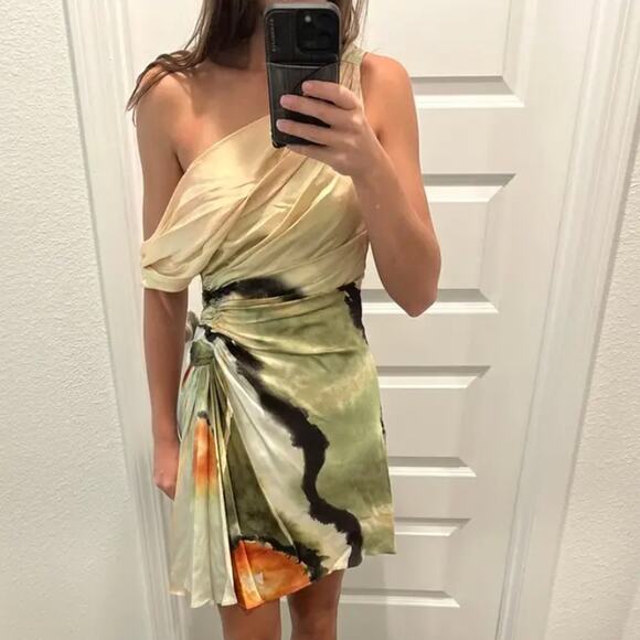 AMUR One-Shoulder Green and Cream Mini Dress - Picture 4 of 13